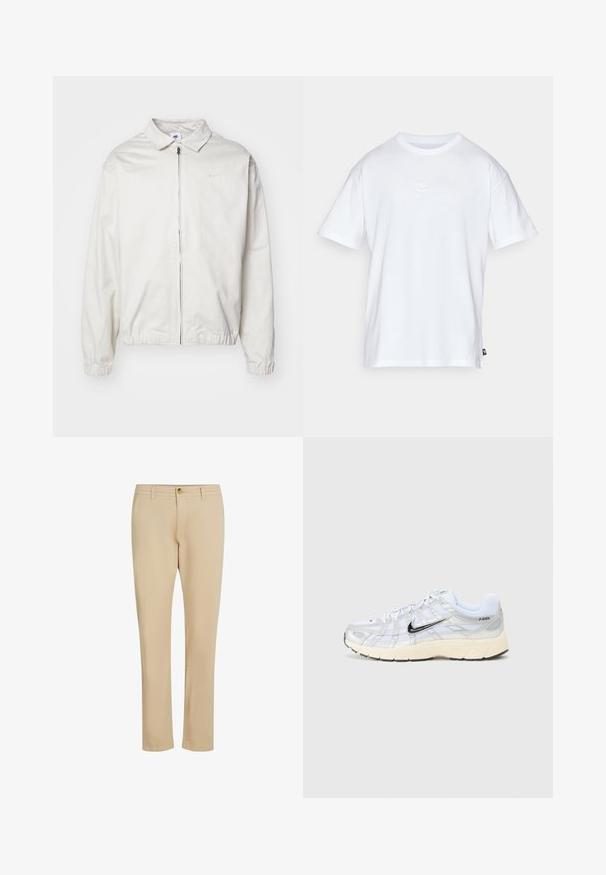 Weiße, leichte Nike-Jacke mit kragenförmigem Ausschnitt, Reißverschluss vorne, elastischen Bündchen und einem kleinen Logo auf der linken Brust. Glatte Textur.; Weißes Baumwoll-T-Shirt mit kurzen Ärmeln und Rundhalsausschnitt. Verfügt über ein kleines, dezentes Nike-Logo auf der Brust und ein seitliches Etikett.; Beige Hosen mit geradem Bein, ausgestattet mit einem Reißverschluss und Knopfverschluss, aus glattem Stoff mit dezenten Steppnähten.; Weiße Netzsneakers mit silbernen Akzenten, schwarzem Nike-Swoosh, gepolstertem Kragen und strukturiertem Sohlen. Sie weisen ein geschichtetes Design für Stabilität auf.