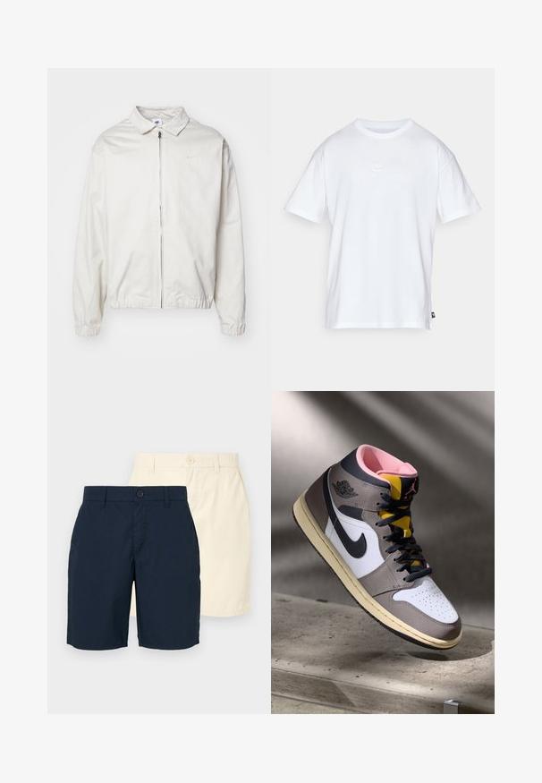 Hvit, lett Nike-jakke med kragehals, glidelås foran, elastiske mansjetter og en liten logo på venstre bryst. Glatt tekstur.; Hvit bomull t-skjorte med korte ermer og rund hals. Har en liten, subtil Nike-logo på brystet og en sidelapp.; To par med shorts: en marineblå og en lys beige. Begge har rett snitt, knappelukking og glatt, lett stoff.; Høy topp Nike Air Jordan-sneaker i hvit, grå og svart med rosa indre og gul tunge, plassert på en betongoverflate.