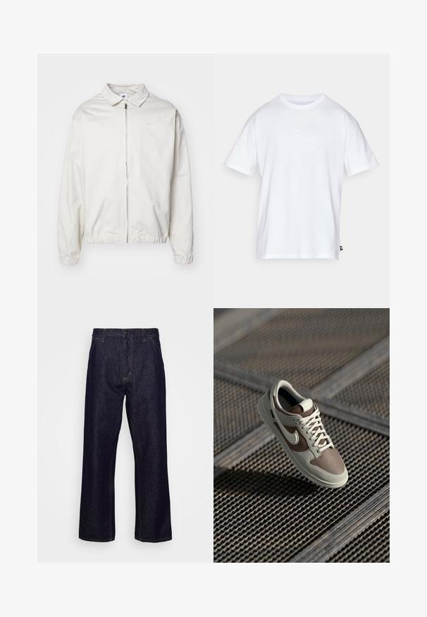 Bílá, lehká bunda Nike s límečkem, předním zipem, elastickými manžetami a malým logem na levé hrudi. Hladký povrch.; Bílý bavlněný tričko s krátkým rukávem a kulatým výstřihem. Na hrudi má malé, nenápadné logo Nike a boží štítek.; Tmavě modré džínové kalhoty rovného střihu s předními kapsami, poutky na opasek, zipovým zapínáním a knoflíkovým uzávěrem, vystavené na čistém bílém pozadí.; Nike teniska s béžovým a hnědým koženým svrškem, bílými tkaničkami, perforovanou špičkou a gumovou podrážkou s texturovaným gripem.
