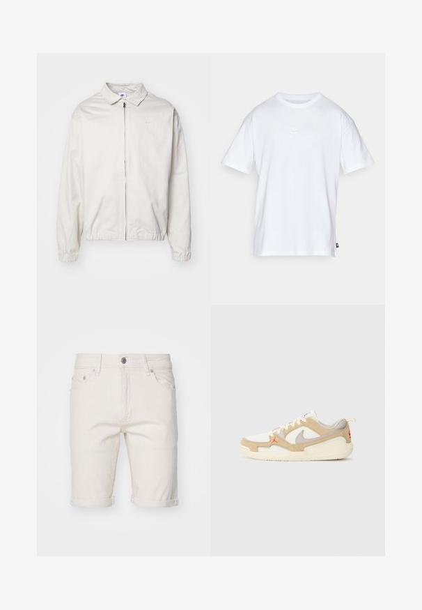 Bijela, lagana Nike jakna s ovratnikom, prednjim patentnim zatvaračem, elastičnim rukavima i malim logom na lijevoj strani prsa. Glatka tekstura.; Bijela pamučna majica s kratkim rukavima i okruglim izrezom. Ima mali, diskretni Nike logo na prsima i oznaku sa strane.; Bijele traper kratke hlače od pamuka s preklopljenim rubovima, s pet džepova, zatvaranjem na dugme i suptilnom teksturom.; Bijele i bež tenisice s mrežastim i antilop panelima, sivi akcenti, crveni logo i narančasti držač. Dizajn s okruglim prstom i podstavljenim potplatom.