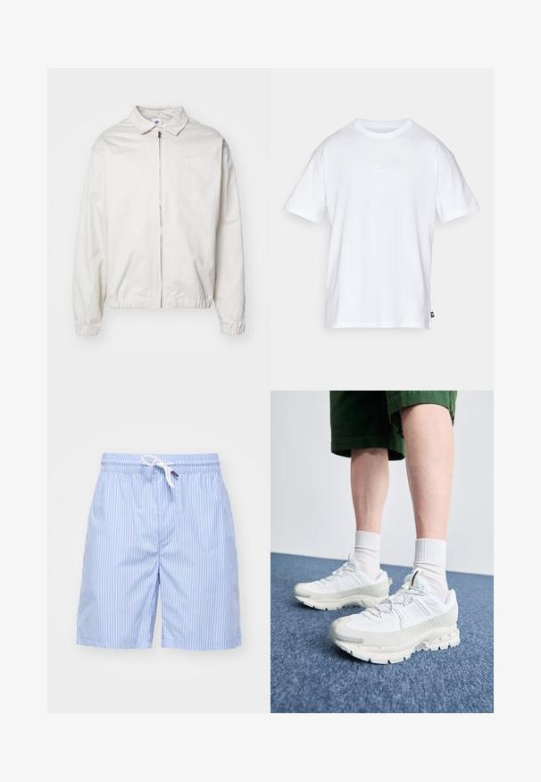 Bílá, lehká bunda Nike s límečkem, předním zipem, elastickými manžetami a malým logem na levé hrudi. Hladký povrch.; Bílý bavlněný tričko s krátkým rukávem a kulatým výstřihem. Na hrudi má malé, nenápadné logo Nike a boží štítek.; Světle modré plavkové šortky s proužky vyrobené z hladkého materiálu. Mají bílé šnurování a boční kapsy. Délka do půli stehna s rovnoměrným střihem.; Bílé sportovní boty s texturovanými překryvy, masivní podrážkou a šedými akcenty. Na nohou mají bílé ponožky a zelené šortky na modrém povrchu.