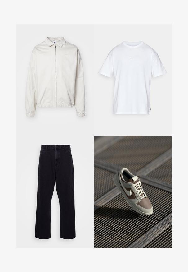 Chaqueta blanca y ligera de Nike con cuello tipo camisa, cremallera frontal, puños elásticos y un pequeño logotipo en el lado izquierdo del pecho. Textura suave.; Camiseta de algodón blanca con mangas cortas y cuello redondo. Presenta un pequeño y sutil logo de Nike en el pecho y una etiqueta lateral.; Pantalones de mezclilla negros con un diseño de pierna recta, que cuentan con un cierre de botón y cremallera, presillas para cinturón y detalles de costura mínimos.; Zapatilla Nike con parte superior de cuero beige y marrón, cordones blancos, puntera perforada y suela de goma con agarre texturizado.