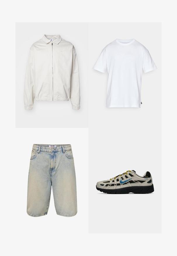 White, lightweight Nike jacket with a collared neckline, front zipper, elastic cuffs, and a small logo on the left chest. Smooth texture.; White cotton t-shirt with short sleeves and a round neck. Features a small, subtle Nike logo on the chest and a side label.; Light blue denim shorts with a faded wash, a button closure, five pockets, and stitched accents along the hem and pocket edges.; Beige and black Nike P-6000 sneaker with blue swoosh, yellow laces, black sole, and Cordura fabric label on the heel.