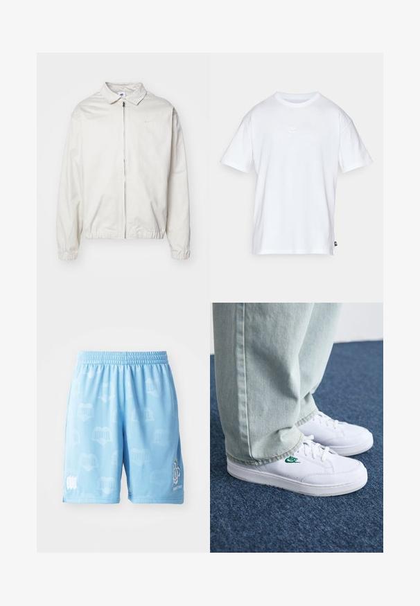 Veste Nike blanche et légère avec un col, fermeture éclair à l'avant, poignets élastiques et un petit logo sur la poitrine gauche. Texture lisse.; T-shirt en coton blanc à manches courtes et col rond. Présente un petit logo Nike subtil sur la poitrine et une étiquette sur le côté.; Shorts de sport bleu clair en tissu doux, avec un motif subtil, une taille élastique et des accents de logo imprimés sur une jambe.; Baskets en cuir blanc avec logo Nike vert, bout rond, semelle plate, associées à un pantalon en denim bleu clair, présentées sur un tapis bleu.