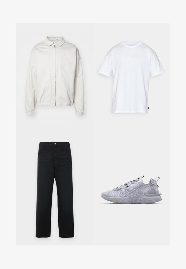 Veste Nike blanche et légère avec un col, fermeture éclair à l'avant, poignets élastiques et un petit logo sur la poitrine gauche. Texture lisse.; T-shirt en coton blanc à manches courtes et col rond. Présente un petit logo Nike subtil sur la poitrine et une étiquette sur le côté.; Pantalon en denim noir avec une coupe droite, doté d'une fermeture à boutons à l'avant, de deux poches latérales et d'une texture subtile.; Baskets de sport gris clair avec une tige en mesh respirant, semelle en caoutchouc texturé et accents réfléchissants. Présente un col rembourré et un design à lacets.