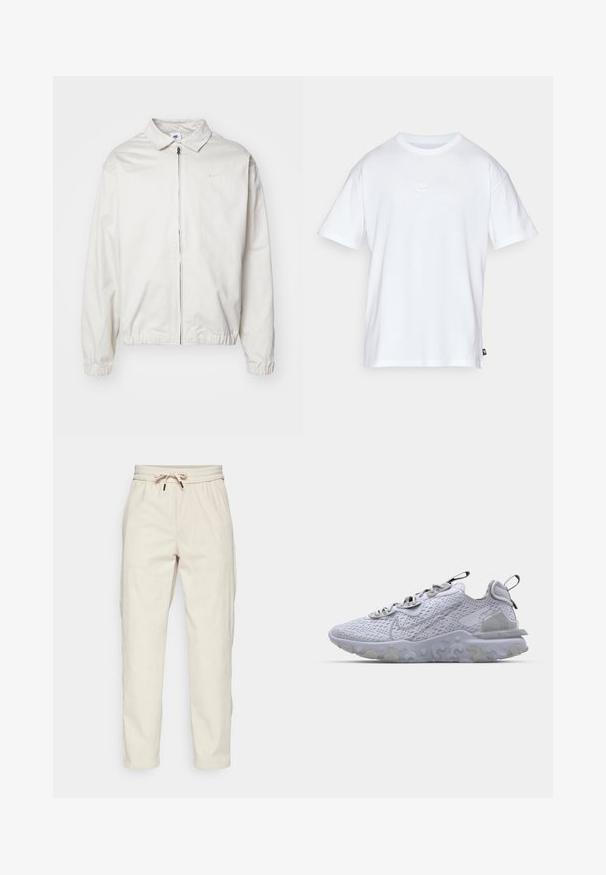 Veste Nike blanche et légère avec un col, fermeture éclair à l'avant, poignets élastiques et un petit logo sur la poitrine gauche. Texture lisse.; T-shirt en coton blanc à manches courtes et col rond. Présente un petit logo Nike subtil sur la poitrine et une étiquette sur le côté.; Pantalons en velours côtelé beige clair avec une taille élastique à cordon, poches latérales et une coupe décontractée, présentant une texture côtelée et des jambes fuselées.; Baskets de sport gris clair avec une tige en mesh respirant, semelle en caoutchouc texturé et accents réfléchissants. Présente un col rembourré et un design à lacets.