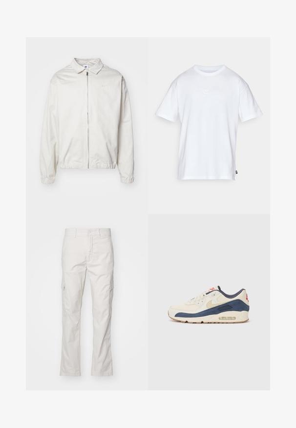 Hvit, lett Nike-jakke med kragehals, glidelås foran, elastiske mansjetter og en liten logo på venstre bryst. Glatt tekstur.; Hvit bomull t-skjorte med korte ermer og rund hals. Har en liten, subtil Nike-logo på brystet og en sidelapp.; Beige bomull cargo bukser med sidelommer, rette ben, belteklips og en glidelås- og knappelukking i midjen.; Sko med overdel i kremfarget lær og marineblå semsket skinn, med synlig luftsåle, beige gummisåle og rød detalj på hælen.