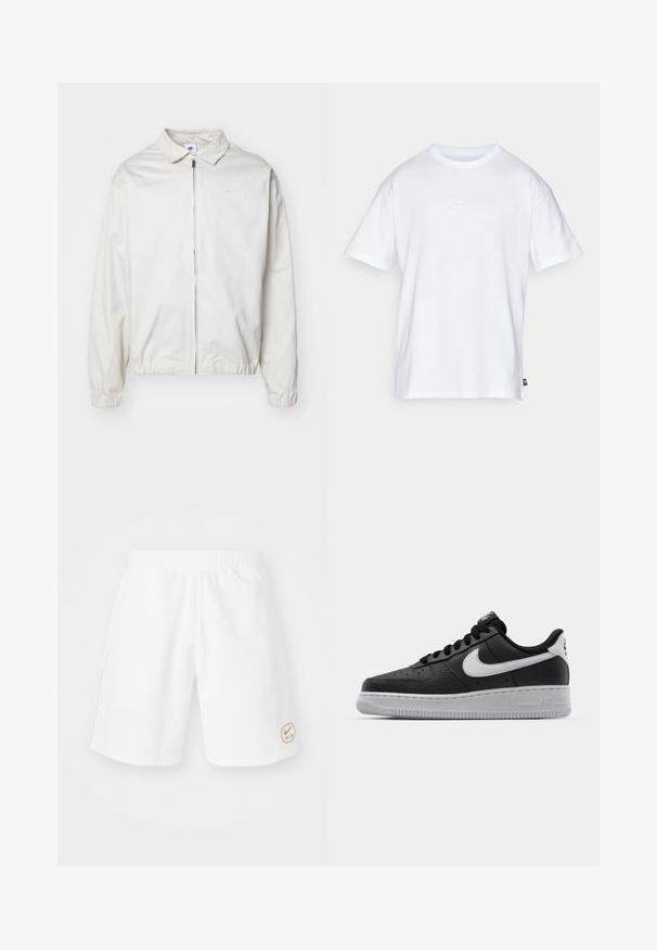 Casaco Nike branco e leve, com gola, fecho frontal, punhos elásticos e um pequeno logótipo no lado esquerdo do peito. Textura suave.; T-shirt de algodão branco com mangas curtas e decote redondo. Apresenta um pequeno e discreto logótipo da Nike no peito e uma etiqueta lateral.; Calções atléticos brancos com um cós elástico, feitos de um tecido suave, apresentando um pequeno logótipo laranja da Nike Air no canto inferior direito.; Sapatilha de pele preta com superfície texturizada, swoosh branco da Nike, sola cinza, bico redondo e design com atacadores. Apresenta perfurações na caixa dos dedos.
