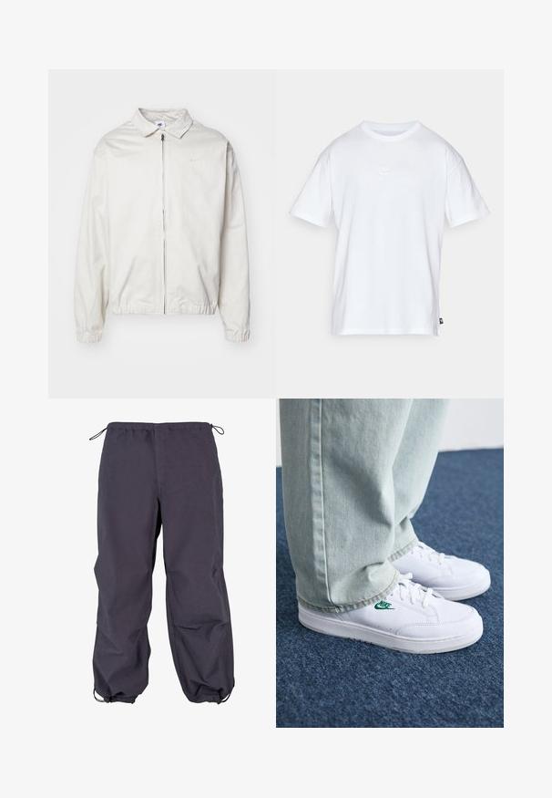 Jachetă Nike albă, ușoară, cu guler, fermoar frontal, manșete elastice și un logo mic pe pieptul stâng. Textură netedă.; Tricou alb din bumbac, cu mâneci scurte și guler rotund. Prezintă un mic logo Nike, discret, pe piept și o eticheta pe lateral.; Pantaloni impermeabili gri închis, cu un elastic la talie, șnur ajustabil și manșete ajustate. Textură netedă cu un design lejer.; Adidași din piele albă cu logo-ul Nike verde, vârf rotund, talpă plată, asortați cu pantaloni din denim bleu deschis, prezentați pe un covor albastru.
