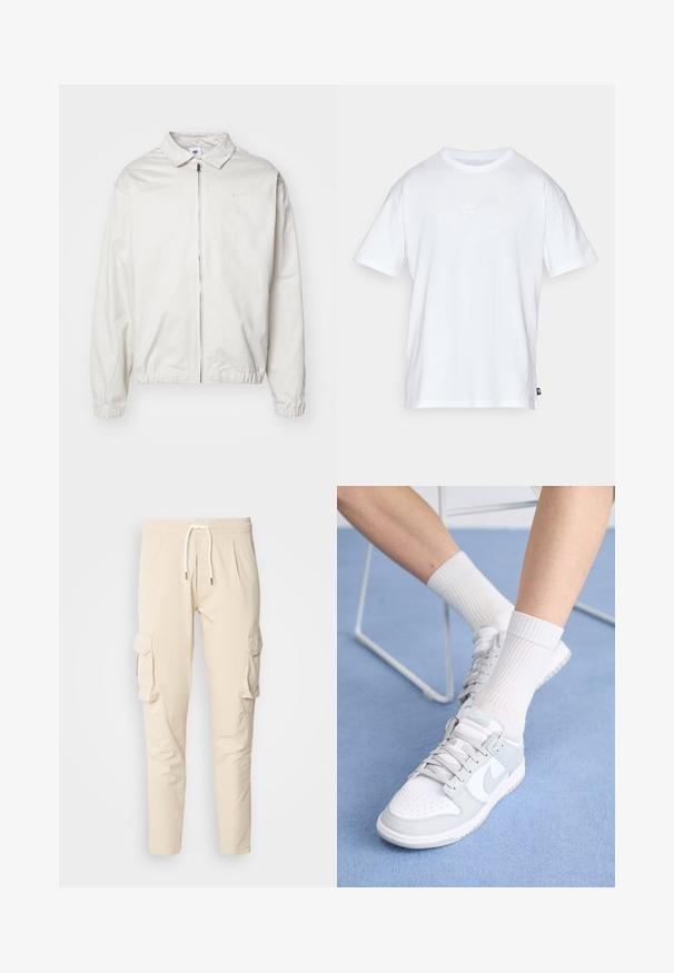 Fehér, könnyű Nike dzseki, galléros nyakkal, elöl cipzárral, elasztikus mandzsettákkal és kis logóval a bal melle részén. Simaszerű textúra.; Fehér pamut póló, rövid ujjakkal és kerek nyakkivágással. Jellemzője egy kis, diszkrét Nike logó a mellkason és egy oldalsó címke.; bézs színű cargo nadrág, elasztikus derékkal és fűzővel. Két oldalsó cargo zsebbel és szűkített lábszárral rendelkezik. Sima tapintású.; Fehér sportcipők világoskék részletekkel, bőr felsőrésszel, perforált orral, vastag fűzőkkel és bordázott fehér zoknikkal, kék háttér előtt.