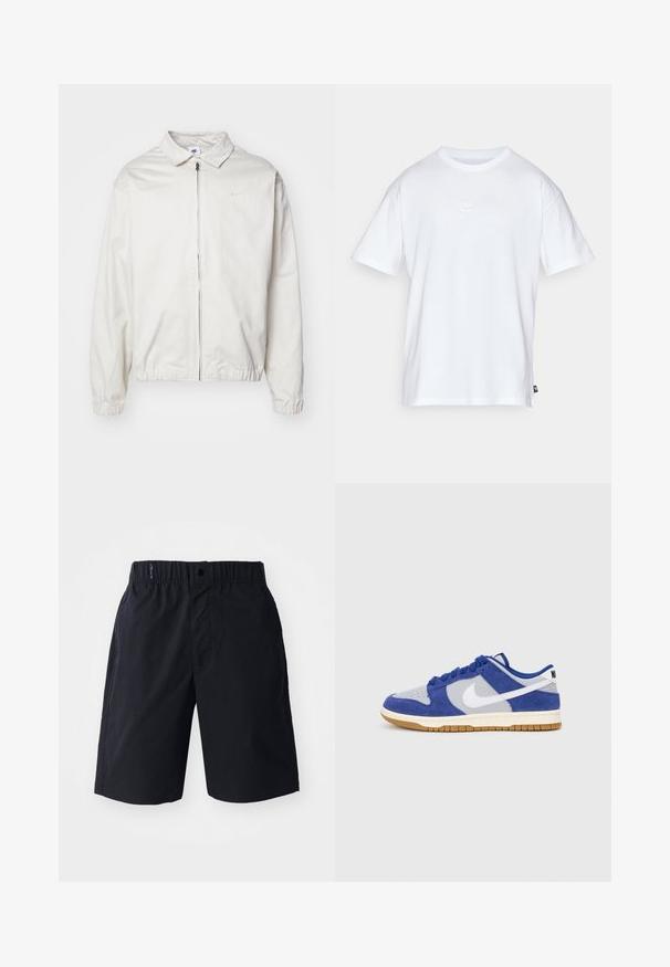 Biela, ľahká bunda Nike s golierom, predným zipsom, elastickými manžetami a malým logom na ľavej strane hrudníka. Hladká textúra.; Biela bavlnená tričko s krátkymi rukávmi a okrúhlym výstrihom. Obsahuje malé, jemné logo Nike na hrudi a božnú nálepku.; Čierne šortky z ľahkého materiálu, s plochým predným dielom, elastickým pásom a bočnými vreckami. Jednoduchý dizajn bez vzorov.; Modré semišové a šedé sieťované tenisky s bielym logom Nike, okrúhlymi šnúrkami, vystuženým golierom a gumovou podrážkou. Ploché švy na vrchnej časti.