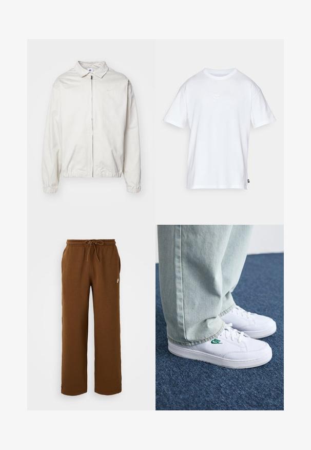 Casaco Nike branco e leve, com gola, fecho frontal, punhos elásticos e um pequeno logótipo no lado esquerdo do peito. Textura suave.; T-shirt de algodão branco com mangas curtas e decote redondo. Apresenta um pequeno e discreto logótipo da Nike no peito e uma etiqueta lateral.; Calças de moletão castanhas feitas de tecido macio, apresentando um cós elástico com cordão, bolsos laterais e um logo branco no lado esquerdo.; Tênis de couro brancos com logo verde da Nike, bico redondo, sola plana, combinados com calças de denim azul claro, exibidos sobre um tapete azul.