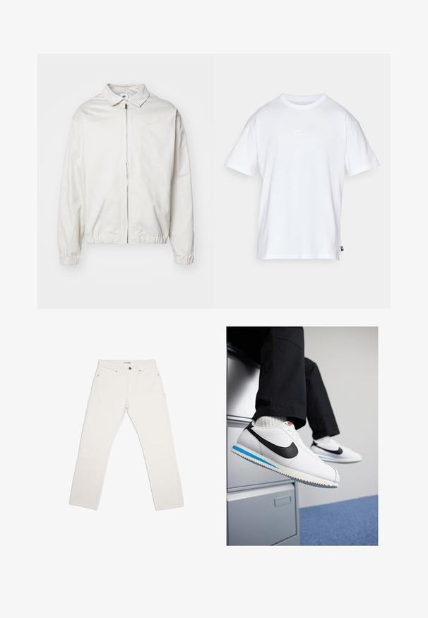 Chaqueta blanca y ligera de Nike con cuello tipo camisa, cremallera frontal, puños elásticos y un pequeño logotipo en el lado izquierdo del pecho. Textura suave.; Camiseta de algodón blanca con mangas cortas y cuello redondo. Presenta un pequeño y sutil logo de Nike en el pecho y una etiqueta lateral.; Pantalones de algodón blancos con un corte recto, dos bolsillos delanteros y bolsillos de utilidad adicionales. Presenta un diseño clásico de cinco bolsillos y un hardware mínimo.; Zapatillas blancas de cuero con un swoosh negro de Nike, suela de goma en azul claro y gris, y un diseño clásico de cordones. Pies apoyados en un archivero.