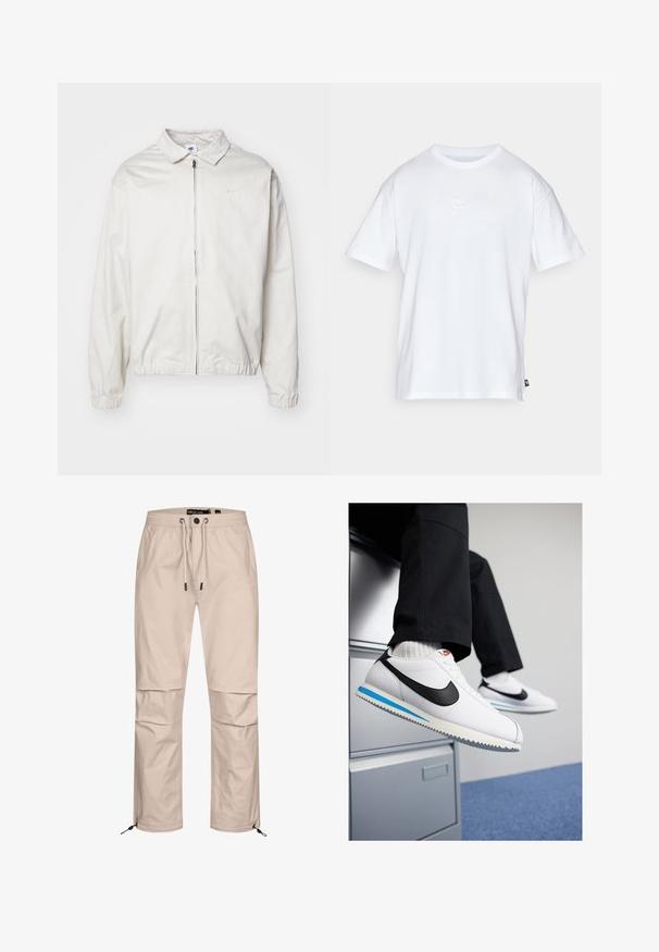 Weiße, leichte Nike-Jacke mit kragenförmigem Ausschnitt, Reißverschluss vorne, elastischen Bündchen und einem kleinen Logo auf der linken Brust. Glatte Textur.; Weißes Baumwoll-T-Shirt mit kurzen Ärmeln und Rundhalsausschnitt. Verfügt über ein kleines, dezentes Nike-Logo auf der Brust und ein seitliches Etikett.; Helle beigefarbene Cargo-Hosen mit elastischem Bund, verstellbarem Kordelzug und Reißverschluss an den Unterschenkeln. Glattes Material mit Seitentaschen.; Weisse Ledersneaker mit schwarzem Nike-Swoosh, hellblauem und grauem Gummisohle sowie klassischem Schnürdesign. Füße ruhen auf einem Aktenschrank.