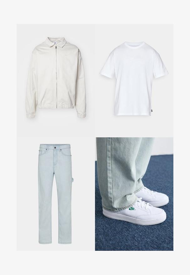 Bela, lahka Nike jakna z ovratnikom, sprednjim zadrgo, elastičnimi manšetami in majhnim logotipom na levem prsnem delu. Gladka tekstura.; Bela bomba iz bombaža s kratkimi rokavi in okroglo ovratnikom. Ima majhen, diskreten Nike logotip na prsih in stranski etiket.; Svjetloplave traperice, ravnog kroja, s kopčanjem na gumbe, pet džepova i bočnim detaljima za dodatnu funkcionalnost.; Bela usnjena športna obutev z zelenim Nike logotipom, okrogla konica, ravna podplat, v kombinaciji z svetlo modrimi kavbojkami, prikazana na modrem preprogu.