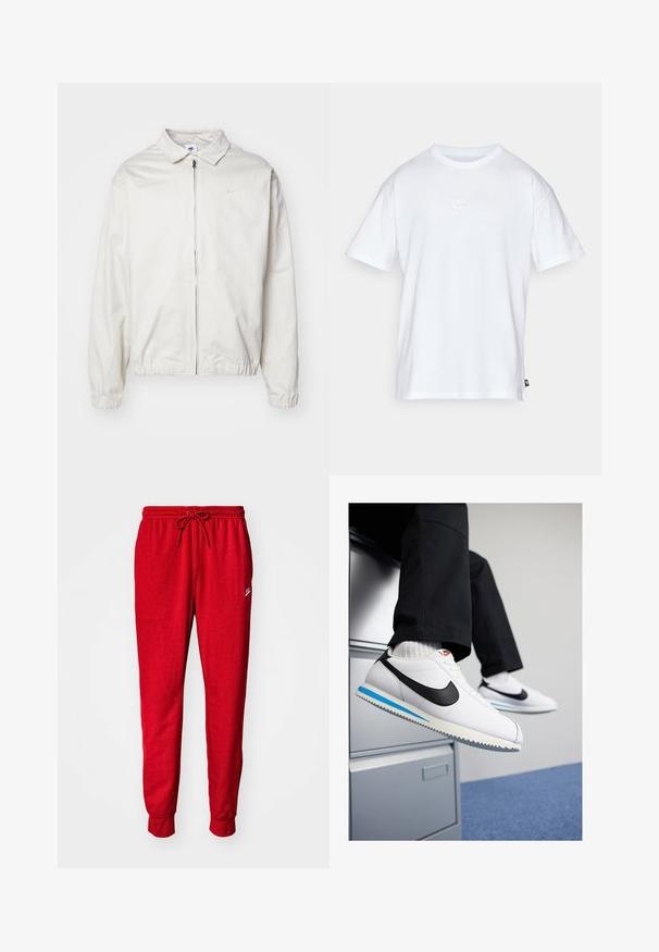 Casaco Nike branco e leve, com gola, fecho frontal, punhos elásticos e um pequeno logótipo no lado esquerdo do peito. Textura suave.; T-shirt de algodão branco com mangas curtas e decote redondo. Apresenta um pequeno e discreto logótipo da Nike no peito e uma etiqueta lateral.; Calças de moletão vermelhas em algodão com cordão na cintura, punhos elásticos e um pequeno logótipo na lateral. Textura suave, corte straight-leg.; Ténis brancos de couro com um swoosh da Nike preto, sola de borracha azul claro e cinza, e design clássico de atacadores. Pés descansando sobre uma secretaria.