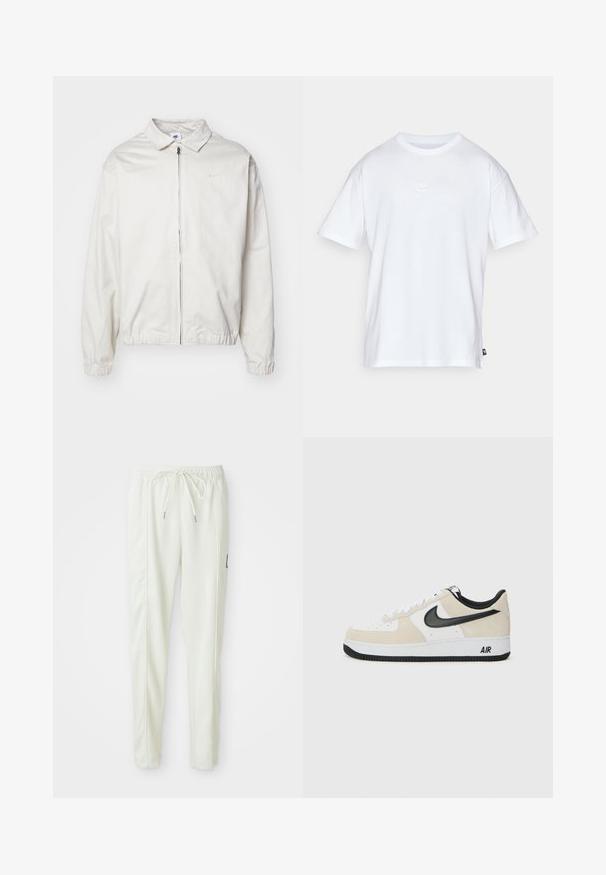 Bílá, lehká bunda Nike s límečkem, předním zipem, elastickými manžetami a malým logem na levé hrudi. Hladký povrch.; Bílý bavlněný tričko s krátkým rukávem a kulatým výstřihem. Na hrudi má malé, nenápadné logo Nike a boží štítek.; Bílé slim-fit jogger kalhoty s elastickým pasem a šňůrkou, s bočními švy a malou černou nášivkou na pravé noze.; Tenisky s lehkým béžovým semišem a horní částí z bílé kůže, černý Nike swoosh, černé akcenty a bílá gumová podrážka s logem "AIR".