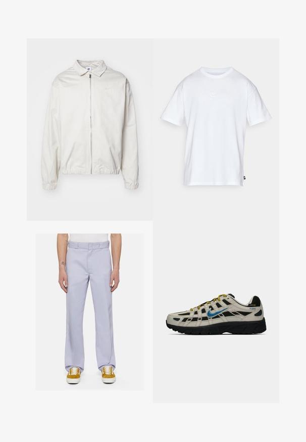 White, lightweight Nike jacket with a collared neckline, front zipper, elastic cuffs, and a small logo on the left chest. Smooth texture.; White cotton t-shirt with short sleeves and a round neck. Features a small, subtle Nike logo on the chest and a side label.; Light lavender pants made of smooth fabric, featuring a straight-leg cut, stitched waistband, and minimalistic design, paired with white sneakers.; Beige and black Nike P-6000 sneaker with blue swoosh, yellow laces, black sole, and Cordura fabric label on the heel.