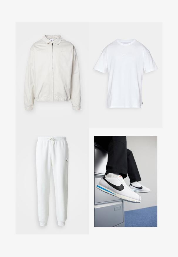 Biała, lekka kurtka Nike z kołnierzykiem, zamek błyskawiczny z przodu, elastycznymi mankietami oraz małym logo na lewej piersi. Gładka faktura.; Biała bawełniana koszulka z krótkim rękawem i okrągłym dekoltem. Posiada małe, dyskretne logo Nike na piersi oraz metkę po boku.; Białe dresy wykonane z miękkiej mieszanki bawełny, z elastycznym pasem w talii ze sznurkiem oraz małym czarnym logo na lewej udzie.; Białe skórzane trampki z czarnym logo Nike, jasnoniebieską i szaro-rubberową podeszwą oraz klasycznym wiązanym zapięciem. Stopy opierające się na szafce na dokumenty.