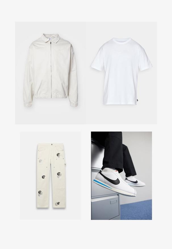 Biela, ľahká bunda Nike s golierom, predným zipsom, elastickými manžetami a malým logom na ľavej strane hrudníka. Hladká textúra.; Biela bavlnená tričko s krátkymi rukávmi a okrúhlym výstrihom. Obsahuje malé, jemné logo Nike na hrudi a božnú nálepku.; Svetlo béžové cargo nohavice s viacerými vreckami, s čiernobielymi grafickými dizajnmi. Vyrobené z odolnej tkaniny s voľným strihom.; Biele kožené tenisky s čiernym logom Nike, svetlomodrou a šedou gumovou podrážkou a klasickým šnurovacím dizajnom. Nohy položené na fileciante.