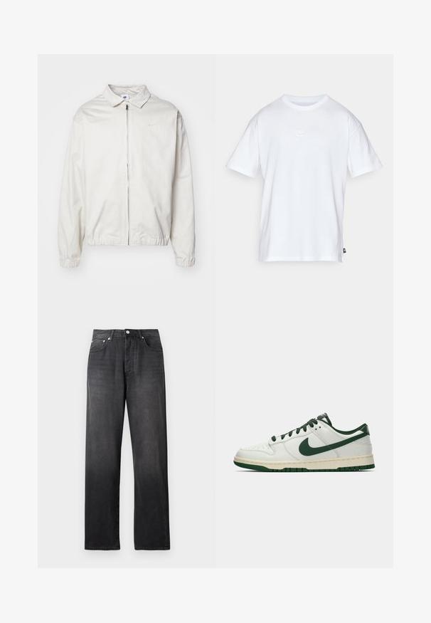 Vit, lättvikts Nike-jacka med krage, dragkedja framtill, elastiska ärmslut och en liten logotyp på vänster bröst. Slät textur.; Vit bomull t-shirt med korta ärmar och rund hals. Har en liten, diskret Nike-logotyp på bröstet och en sidetikett.; Svarta högmidjade raka jeans med framknapp och dragkedja, två framfickor och diskret blekta detaljer.; Vit lågprofilsneaker med mörkgrön Nike-swoosh, snören och sulaccenter, visad i profil mot en neutral vit bakgrund.