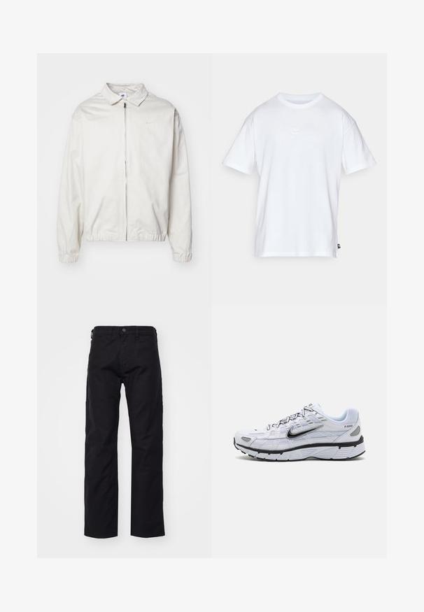 Vit, lättvikts Nike-jacka med krage, dragkedja framtill, elastiska ärmslut och en liten logotyp på vänster bröst. Slät textur.; Vit bomull t-shirt med korta ärmar och rund hals. Har en liten, diskret Nike-logotyp på bröstet och en sidetikett.; Svarta kanvasbyxor med raka ben, med knappstängning fram, bälteshällor och sidofickor. Tyget är slätt och hållbart.; Vit löparsko med ovandel i mesh, rund tå, svarta accentfärger och ett mönstrat sula. Har snörning och varumärke på sidan.