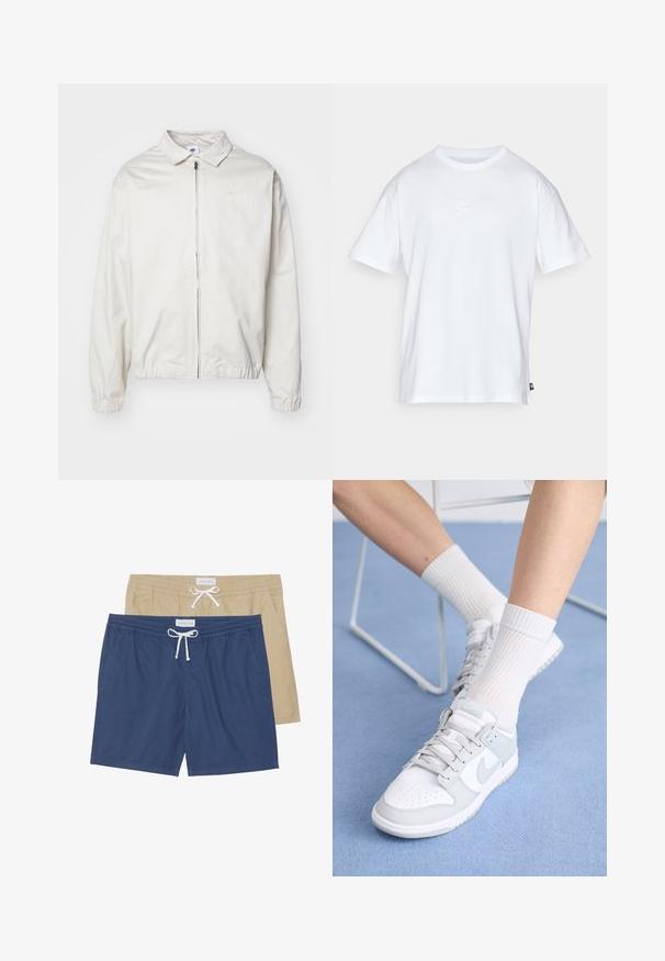 Veste Nike blanche et légère avec un col, fermeture éclair à l'avant, poignets élastiques et un petit logo sur la poitrine gauche. Texture lisse.; T-shirt en coton blanc à manches courtes et col rond. Présente un petit logo Nike subtil sur la poitrine et une étiquette sur le côté.; Deux paires de maillots de bain : une bleue marine et une beige, dotées de ceintures élastiques, de détails avec cordon de serrage et de poches latérales.; Baskets blanches avec des accents bleu clair, tige en cuir, bout perforé, lacets épais et chaussettes blanches côtelées sur fond bleu.