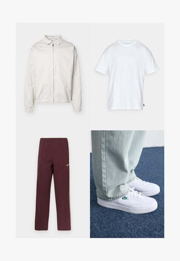 Giacca Nike bianca, leggera, con colletto, zip frontale, polsini elasticizzati e un piccolo logo sul lato sinistro del petto. Texture liscia.; T-shirt bianco in cotone con maniche corte e colletto tondo. Presenta un piccolo e discreto logo Nike sul petto e un'etichetta laterale.; Pantaloni della tuta borgogna con una texture liscia, tasche laterali con zip e una striscia bianca con testo lungo le cuciture esterne. Logo Nike in oro.; Sneakers in pelle bianca con logo Nike verde, punta rotonda, suola piatta, abbinati a pantaloni in denim azzurro, mostrati su un tappeto blu.