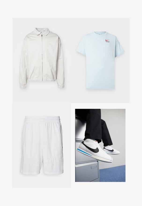 Weiße, leichte Nike-Jacke mit kragenförmigem Ausschnitt, Reißverschluss vorne, elastischen Bündchen und einem kleinen Logo auf der linken Brust. Glatte Textur.; Helles blaues Baumwoll-T-Shirt mit kurzen Ärmeln, rundem Ausschnitt und rotem Nike-Swoosh-Logo. Der Text lautet "ATHLETIC DEPT. JUST DO IT."; Weiße Sportshorts aus strukturiertem, atmungsaktivem Mesh-Gewebe. Mit einem elastischen Bund und schichtweisen Design-Akzenten.; Weisse Ledersneaker mit schwarzem Nike-Swoosh, hellblauem und grauem Gummisohle sowie klassischem Schnürdesign. Füße ruhen auf einem Aktenschrank.