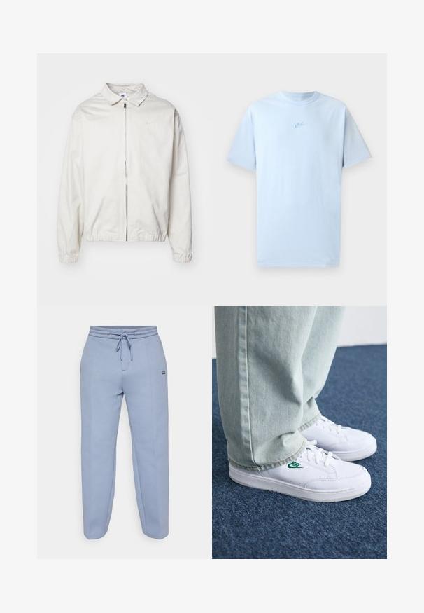 Jachetă Nike albă, ușoară, cu guler, fermoar frontal, manșete elastice și un logo mic pe pieptul stâng. Textură netedă.; Tricou din bumbac de culoare albastră de cer, cu mâneci scurte, de tip crew neck, și logo brodat Nike de o nuanță ușor mai închisă de albastru pe piept.; Pantaloni de trening de culoare albastru deschis, dintr-un material moale, cu un elastic în talie și o croială relaxată, având un design cu picior tapered.; Adidași din piele albă cu logo-ul Nike verde, vârf rotund, talpă plată, asortați cu pantaloni din denim bleu deschis, prezentați pe un covor albastru.