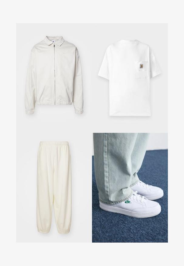 Casaco Nike branco e leve, com gola, fecho frontal, punhos elásticos e um pequeno logótipo no lado esquerdo do peito. Textura suave.; T-shirt branca de algodão com decote redondo, mangas curtas e um bolso no peito com um emblema. Design minimalista e textura sem costuras.; Sudoentes de cor creme feitos de tecido macio, apresentam uma cintura elástica e punhos afunilados, com um corte descontraído e sem padrões visíveis.; Tênis de couro brancos com logo verde da Nike, bico redondo, sola plana, combinados com calças de denim azul claro, exibidos sobre um tapete azul.