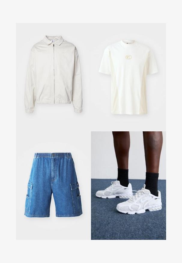Fehér, könnyű Nike dzseki, galléros nyakkal, elöl cipzárral, elasztikus mandzsettákkal és kis logóval a bal melle részén. Simaszerű textúra.; Rövid ujjú, kerek nyakú póló fehér és világos bézs színben. Az mellrészen egy kicsi arany Nike logó található, és sima pamut tapintású.; Középkék farmer cargo sort elasztikus derékkal, több oldalsó zsebbel és egyenes szabással. Texturált anyag, látható varrásokkal.; Fehér sportcipők hálós felsőrésszel, textúrázott díszítésekkel és párnázott talppal. Párban fekete bordázott bokazoknival egy kék szőnyeggel borított felületen.