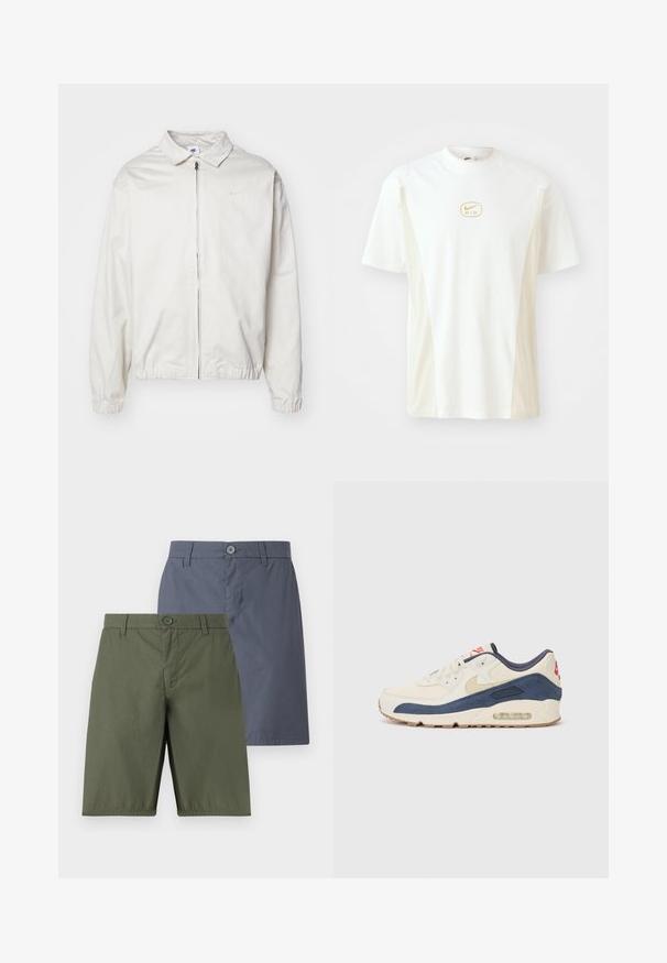 Hvit, lett Nike-jakke med kragehals, glidelås foran, elastiske mansjetter og en liten logo på venstre bryst. Glatt tekstur.; Kortermet t-skjorte med rund hals i hvit og lys beige. Har en liten gull Nike-logo på brystet og en glatt bomullsstruktur.; To par med shorts: en olivgrønn og en marineblå. Begge har knappelukking, rett snitt og glatt stoff med en lett glans.; Sko med overdel i kremfarget lær og marineblå semsket skinn, med synlig luftsåle, beige gummisåle og rød detalj på hælen.
