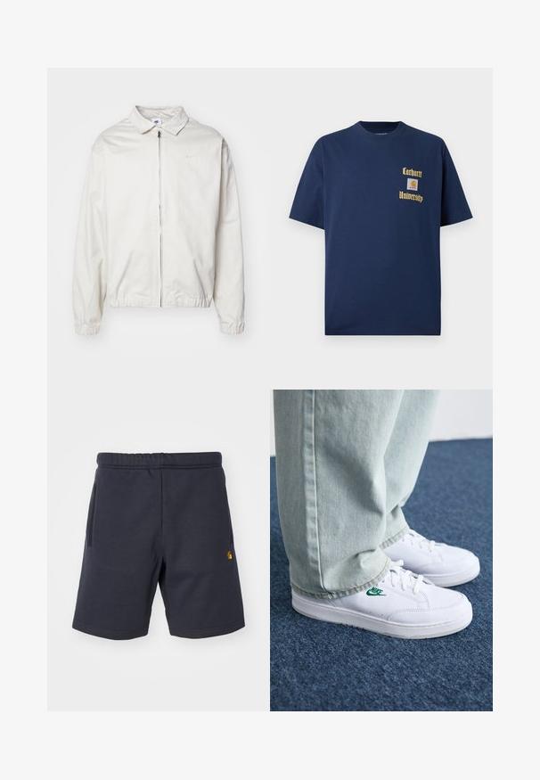 Veste Nike blanche et légère avec un col, fermeture éclair à l'avant, poignets élastiques et un petit logo sur la poitrine gauche. Texture lisse.; T-shirt en coton bleu marine à manches courtes, avec le texte doré "Carhartt University" et un écusson logo sur la poitrine gauche.; Shorts en coton bleu marine avec une taille élastique, deux poches latérales et un petit logo sur la jambe gauche. Texture lisse.; Baskets en cuir blanc avec logo Nike vert, bout rond, semelle plate, associées à un pantalon en denim bleu clair, présentées sur un tapis bleu.