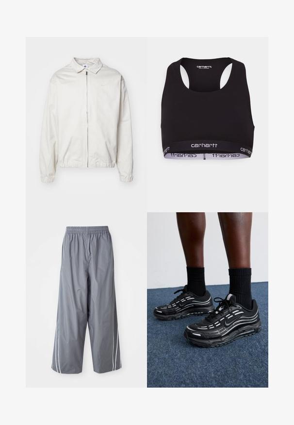 White, lightweight Nike jacket with a collared neckline, front zipper, elastic cuffs, and a small logo on the left chest. Smooth texture.; Black sports bra with a round neckline and racerback design. Features a reinforced waistband with white "carhartt" branding. Soft fabric texture.; Gray, lightweight, synthetic wide-leg pants with an elastic waistband and white side stripes. Smooth texture with a casual design.; Black Nike shoes feature a mesh upper with accent stripes, textured lacing, and a black rubber sole. Worn with black ribbed socks.