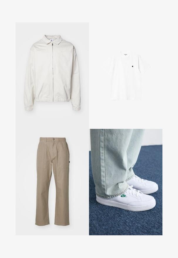 Bela, lahka Nike jakna z ovratnikom, sprednjim zadrgo, elastičnimi manšetami in majhnim logotipom na levem prsnem delu. Gladka tekstura.; Bela bombažna majica s kratkimi rokavi, okroglim ovratnikom in majhnim črnim logotipom na levi prsni strani. Mehka tekstura in standardni kroj.; Beige bombažne hlače s ravnim krojem, ki imajo dva sprednja žepa in gumbasto zapiranje v pasu. Gladka tekstura, brez vzorcev.; Bela usnjena športna obutev z zelenim Nike logotipom, okrogla konica, ravna podplat, v kombinaciji z svetlo modrimi kavbojkami, prikazana na modrem preprogu.