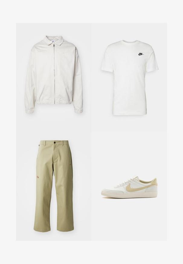 Fehér, könnyű Nike dzseki, galléros nyakkal, elöl cipzárral, elasztikus mandzsettákkal és kis logóval a bal melle részén. Simaszerű textúra.; Fehér pamut póló rövid ujjal, kerek nyakkivágással, és egy fekete Nike logóval a bal mellkas területén. Simás textúra és klasszikus fazon.; Khaki színű, bő szárú pamut nadrág, gombos záródással, oldalsó zsebekkel és piros hímezett Nike logóval az oldalán.; Fehér bőrsneaker, világos bézs kiegészítőkkel és texturált felülettel, off-white talppal. Középső fűzéssel és hangsúlyos oldalsó logóval rendelkezik.