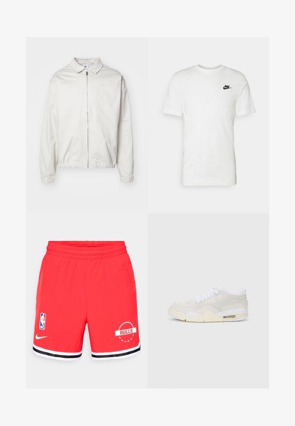 Bílá, lehká bunda Nike s límečkem, předním zipem, elastickými manžetami a malým logem na levé hrudi. Hladký povrch.; Bílá bavlněná tričko s krátkým rukávem, kulatým výstřihem a černým logem Nike na levé části hrudi. Hladká textura a klasický střih.; Červené basketbalové šortky s elastickým pasem, na levé straně s bílým logem NBA a na pravé straně s grafikou "BULLS". Černobílé pruhy na lemu.; Tenisky s lehkým béžovým syntetickým svrškem, bílými šňůrkami a viditelným polstrováním. Mají hladkou podrážku a jemné boční detaily.