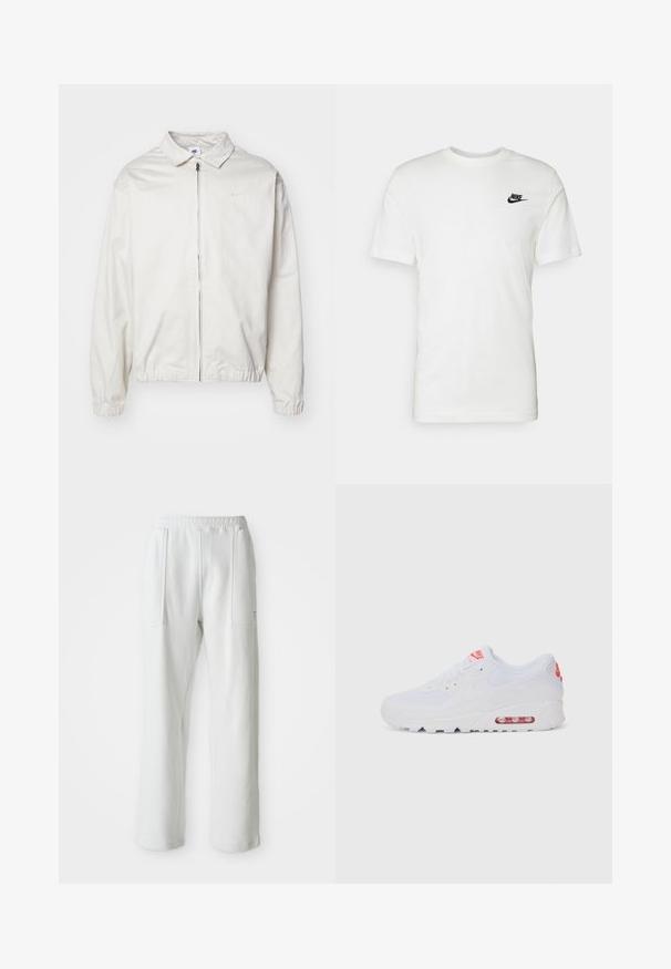Hvit, lett Nike-jakke med kragehals, glidelås foran, elastiske mansjetter og en liten logo på venstre bryst. Glatt tekstur.; Hvit bomull t-skjorte med korte ermer, rund hals og en svart Nike-logo på venstre bryst. Jevn tekstur og klassisk passform.; Hvite, avslappede bukser med elastisk midje og store frontlommer, vist på en enkel lys bakgrunn.; Hvite atletiske joggesko med glatt overdel, snøring, polstret såle og synlig luftenhet med røde detaljer på merket.