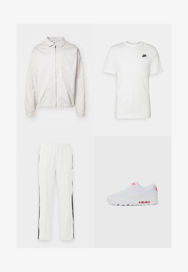 Weiße, leichte Nike-Jacke mit kragenförmigem Ausschnitt, Reißverschluss vorne, elastischen Bündchen und einem kleinen Logo auf der linken Brust. Glatte Textur.; Weißes Baumwoll-T-Shirt mit kurzen Ärmeln, rundem Halsausschnitt und einem schwarzen Nike-Logo auf der linken Brust. Glatte Textur und klassische Passform.; Weiße Sporthose mit elastischem Bund, schwarzen Seitenstreifen, geradem Beinanschnitt und glatter Stoffstruktur.; Weiße Sportsneaker mit einem glatten Obermaterial, Schnürverschluss, gepolsterter Sohle und einem sichtbaren Luftpolster mit roten Akzenten im Branding.
