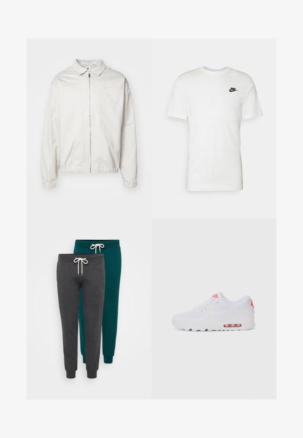 Weiße, leichte Nike-Jacke mit kragenförmigem Ausschnitt, Reißverschluss vorne, elastischen Bündchen und einem kleinen Logo auf der linken Brust. Glatte Textur.; Weißes Baumwoll-T-Shirt mit kurzen Ärmeln, rundem Halsausschnitt und einem schwarzen Nike-Logo auf der linken Brust. Glatte Textur und klassische Passform.; Zwei Paar Jogginghosen in Anthrazitgrau und Teal, aus weichem Stoff, mit elastischen Bündchen und Kordelzügen in Weiß.; Weiße Sportsneaker mit einem glatten Obermaterial, Schnürverschluss, gepolsterter Sohle und einem sichtbaren Luftpolster mit roten Akzenten im Branding.