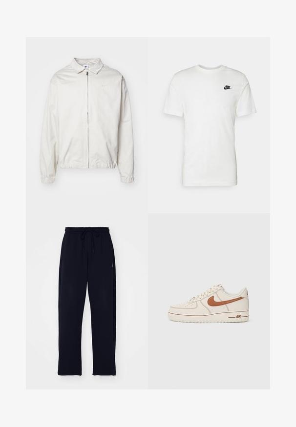 Valge, kerge Nike jakk, milles on krae, ees lukk, elastsed mansetid ja väike logo vasakul rinnal. Sile tekstuur.; Valge puuvillane T-särk lühikeste varrukatega, ümar kaelus ja must Nike logo vasakul rinnapiiril. Sile tekstuur ja klassikaline lõige.; Musta spordipüksid, mis on valmistatud pehmest kangast. Omavad elastset vöökohta paelaga ja küljetaskuid. Sirge säärelaiusega disain.; Nike Air Force 1 tossud kreemjas nahast ülemiste osadega, pruuni logo ja õmblusdetailidega. Omab ümarat varbaosa ja tekstureeritud kummist tallat.