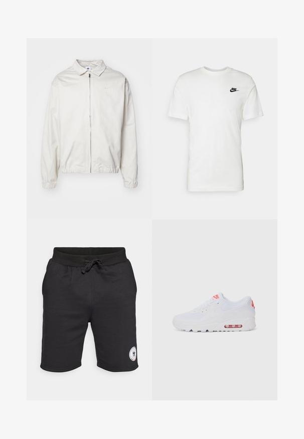 White, lightweight Nike jacket with a collared neckline, front zipper, elastic cuffs, and a small logo on the left chest. Smooth texture.; White cotton t-shirt with short sleeves, round neckline, and a black Nike logo on the left chest area. Smooth texture and classic fit.; Black athletic shorts with an elastic waistband, drawstring, sporty cut, and a circular logo patch on the left leg. Soft fabric texture.; White athletic sneaker featuring a smooth upper, lace closure, cushioned sole, and a visible air unit with red accents on the branding.