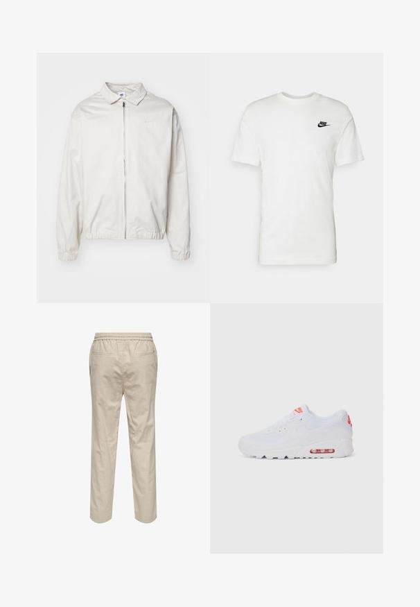 Weiße, leichte Nike-Jacke mit kragenförmigem Ausschnitt, Reißverschluss vorne, elastischen Bündchen und einem kleinen Logo auf der linken Brust. Glatte Textur.; Weißes Baumwoll-T-Shirt mit kurzen Ärmeln, rundem Halsausschnitt und einem schwarzen Nike-Logo auf der linken Brust. Glatte Textur und klassische Passform.; Helle beigefarbene Baumwollhosen mit einem elastischen Bund, zwei Seitentaschen und geradem Bein. Glatte Textur mit minimaler Detailgestaltung.; Weiße Sportsneaker mit einem glatten Obermaterial, Schnürverschluss, gepolsterter Sohle und einem sichtbaren Luftpolster mit roten Akzenten im Branding.