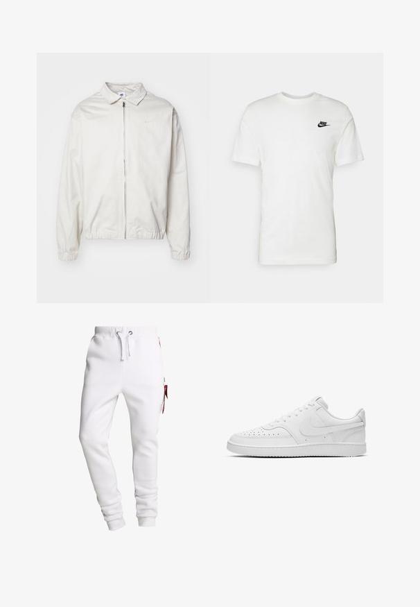 Witte, lichte Nike-jack met een kraag, een rits aan de voorkant, elastische manchetten en een klein logo op de linkerkant van de borst. Glad oppervlak.; Witte katoen t-shirt met korte mouwen, ronde halslijn en een zwart Nike-logo op de linkerborst. Soepele textuur en klassieke pasvorm.; Witte joggingsbroek van een zachte katoenmix. Voorzien van een elastische tailleband, trekkoord, zijzakken en een rode accent op de rits.; Witte leren lage sneakers met geperforeerde neus, gestructureerde zijkanten en een gladde rubberen zool. Heeft een minimalistisch ontwerp en gestikte accenten.