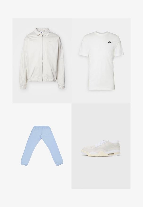 Hvid, letvægts Nike-jakke med kravehals, lynlås foran, elastiske ærmer og et lille logo på venstre bryst. Glat tekstur.; Hvid bomulds t-shirt med korte ærmer, rund halsudskæring og et sort Nike-logo på venstre brystområde. Glat tekstur og klassisk pasform.; Lyseblå sweatpants lavet af et blødt materiale, med en elastisk talje, tapered ben og en subtil logo detalje på siden.; Sko med en lys beige syntetisk overdækning, hvide snørebånd og synlig dæmpning. Har en glat sål og subtile sideaksenter.