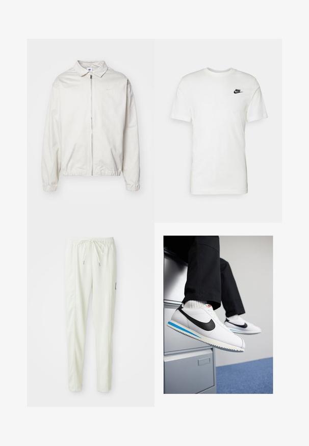 Casaco Nike branco e leve, com gola, fecho frontal, punhos elásticos e um pequeno logótipo no lado esquerdo do peito. Textura suave.; T-shirt branca de algodão com mangas curtas, decote redondo e um logotipo preto da Nike na área esquerda do peito. Textura suave e ajuste clássico.; Calças jogger slim-fit brancas com cintura elástica e cordão, apresentando detalhes nas costuras laterais e um pequeno patch preto na perna direita.; Ténis brancos de couro com um swoosh da Nike preto, sola de borracha azul claro e cinza, e design clássico de atacadores. Pés descansando sobre uma secretaria.