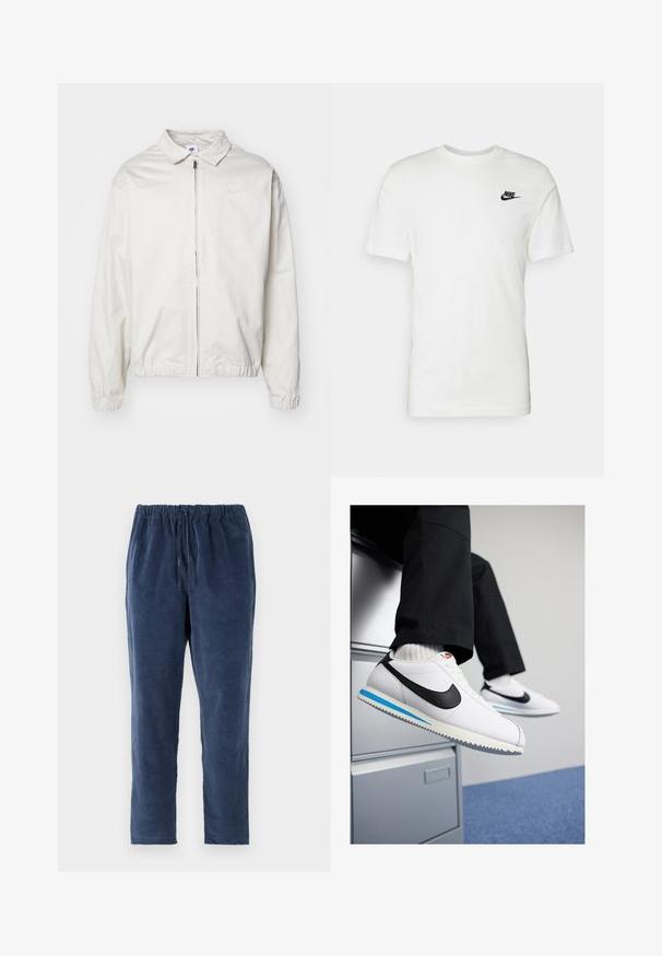 Balta, viegla Nike jaka ar apkakles kaklu, priekšējo rāvējslēdzēju, elastīgām piedurknēm un mazu logotipu kreisajā krūtī. Gluda tekstūra.; Balta kokvilnas T-kreklu ar īsām piedurknēm, apaļu kakla izgriezumu un melnu Nike logotipu kreisajā krūtīs. Gluda tekstūra un klasiskā piegriezuma siluets.; Tumši zili bikses ar mīkstu tekstūru, elastīgu jostu un taisnu kāju dizainu. Bez kabatām. Audums izskatās nedaudz ķemmēts.; Baltas ādas sporta apavi ar melnu Nike zīmi, gaiši zilu un pelēku gumijas zoli un klasisku auklu dizainu. Kājām atpūšoties uz dokumentu skapja.