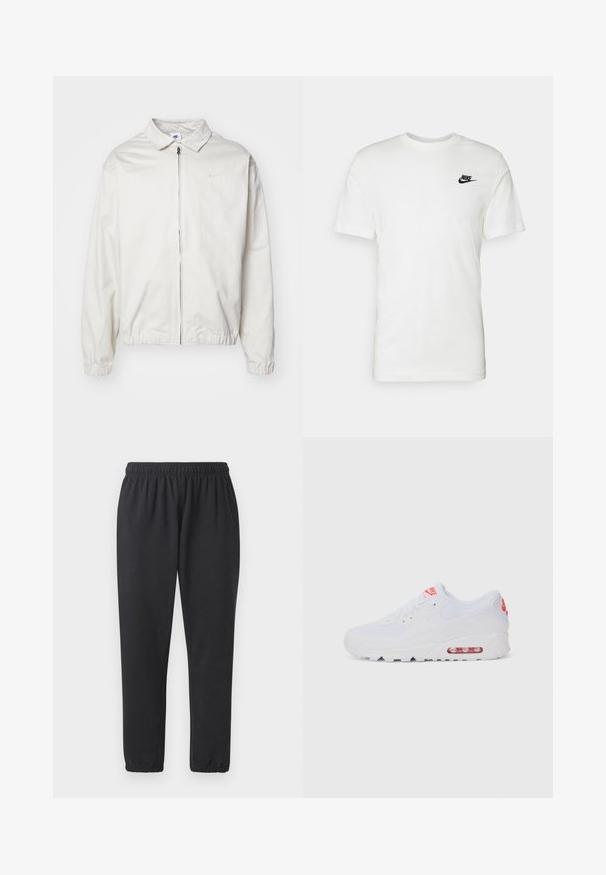 Valkoinen, kevyt Nike-takki, jossa on kauluksellinen kaula-aukko, etuvetoketju, joustavat hihansuut ja pieni logo vasemmalla rinnalla. Sujuva pinta.; Valkoinen puuvillapaita lyhyillä hihoilla, pyöreällä kaula-aukkolla ja mustalla Nike-logolla vasemmassa rintakohdassa. Silkkinen pinta ja klassinen malli.; Mustat urheiluhausut, jotka on valmistettu pehmeästä kankaasta. Niissä on joustava vyötärö, sivutaskut sekä kapenevat lahkeet ribbausbaiteilla.; Valkoinen urheilujalkine, jossa on sileä päällinen, nauhakiinnitys, pehmustettu pohja ja näkyvä ilmayksikkö, jossa on punaisia yksityiskohtia brändissä.