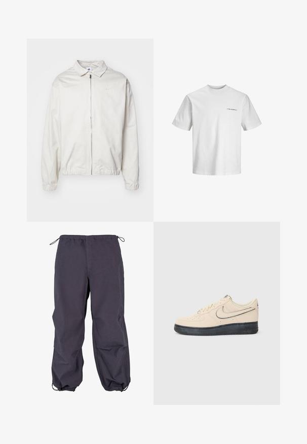 Biela, ľahká bunda Nike s golierom, predným zipsom, elastickými manžetami a malým logom na ľavej strane hrudníka. Hladká textúra.; Biela bavlnená tričko, s okrúhlym výstrihom, krátke rukávy, s malým čiernym textom na ľavej strane. Hladká textúra, voľný strih.; Tmavošedé nepremokavé nohavice s elastickým pásom, nastaviteľnou šnúrkou a priliehavými manžetami. Hladká textura s voľným strihom.; Bežové semišové tenisky Nike Air Force 1 s čiernou gumovou podrážkou, prešívanými detailmi, perforovanou špičkou a výrazným logo swoosh.